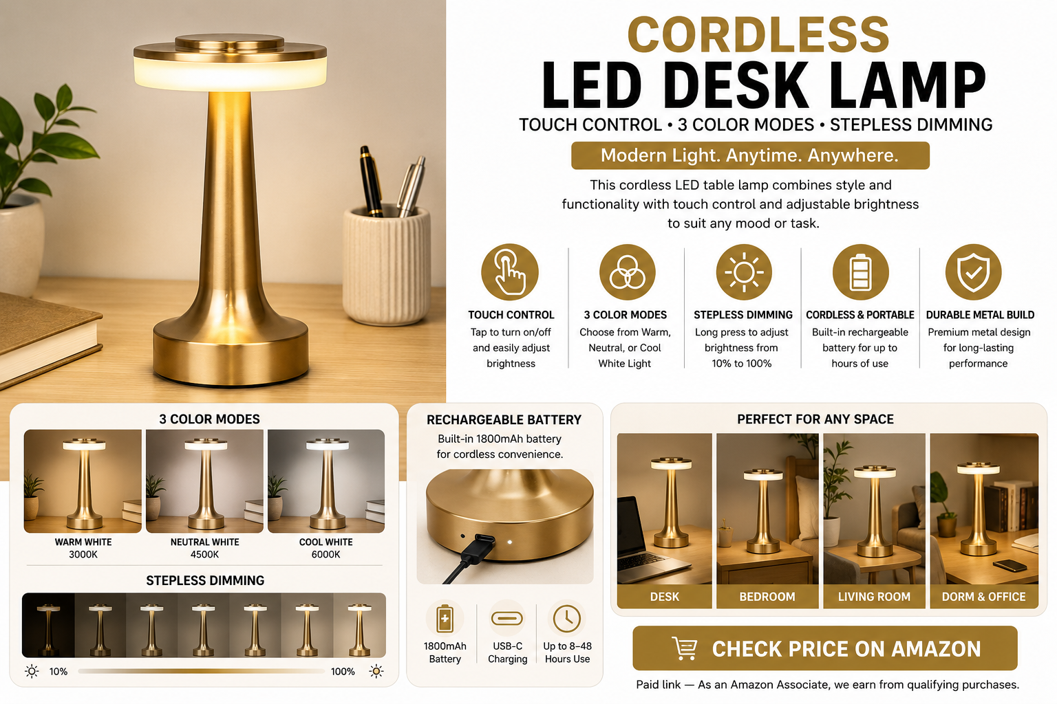 Cordless Touch-Control LED Desk Lamp – Champagne Gold