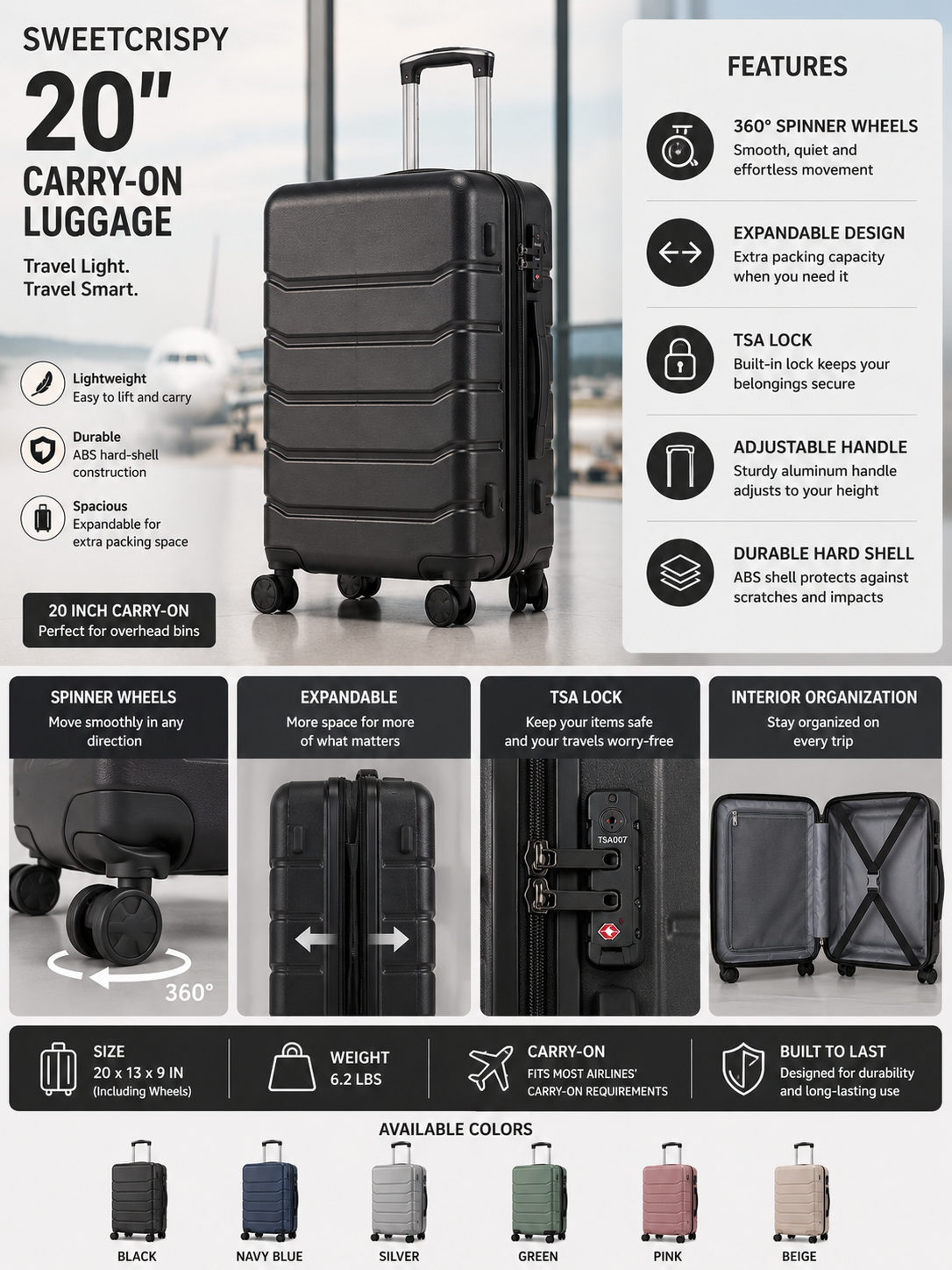 Sweetcrispy 20-Inch Carry-On Luggage with Spinner Wheels