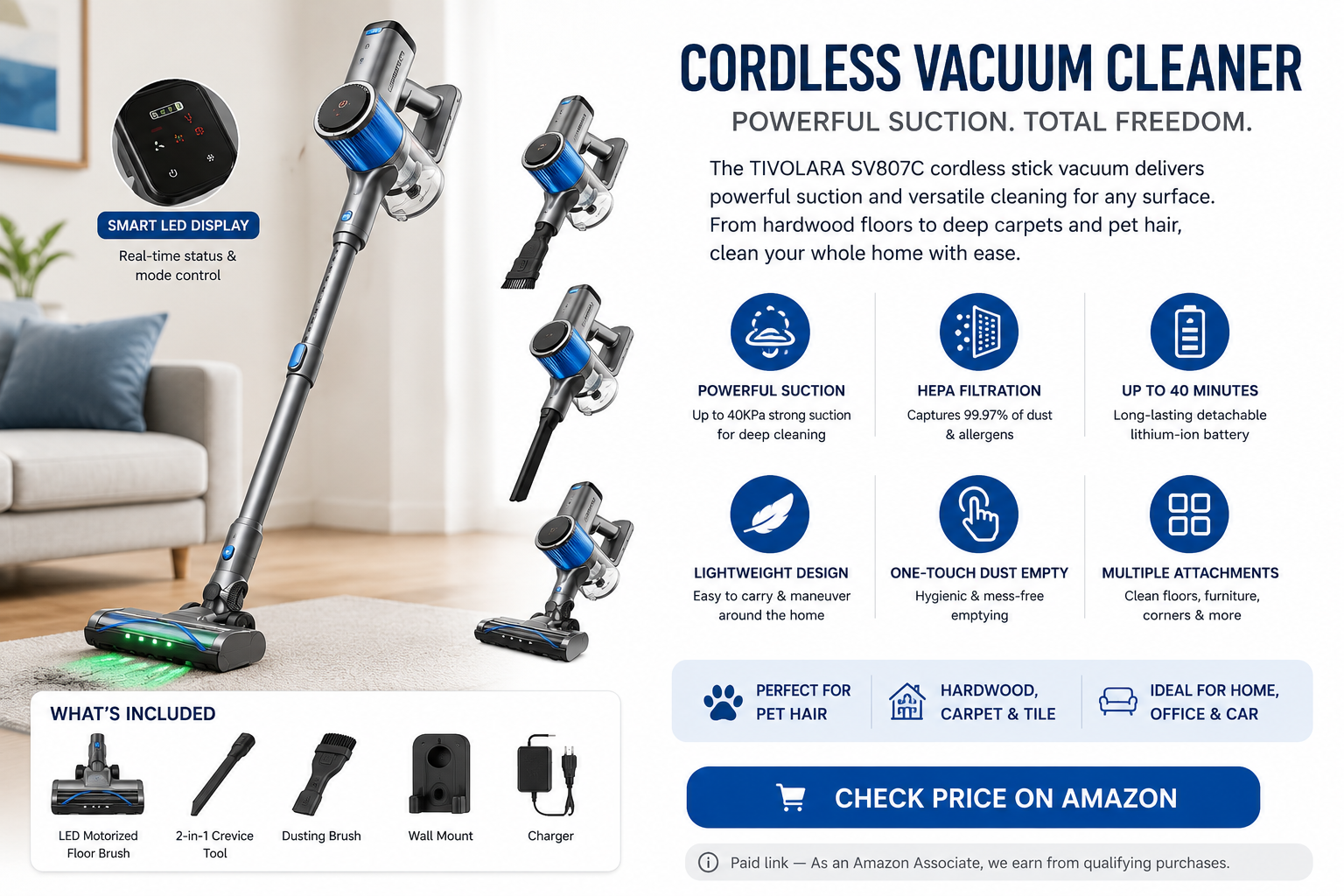 TIVOLARA SV807C Cordless Stick Vacuum Cleaner