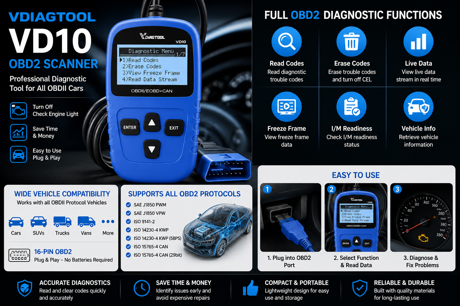 VDIAGTOOL VD10 OBD2 Car Diagnostic Scanner