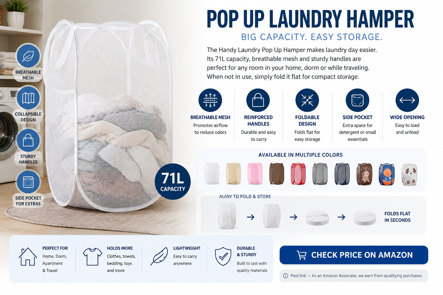 Handy Laundry 71L Pop-Up Collapsible Mesh Laundry Hamper