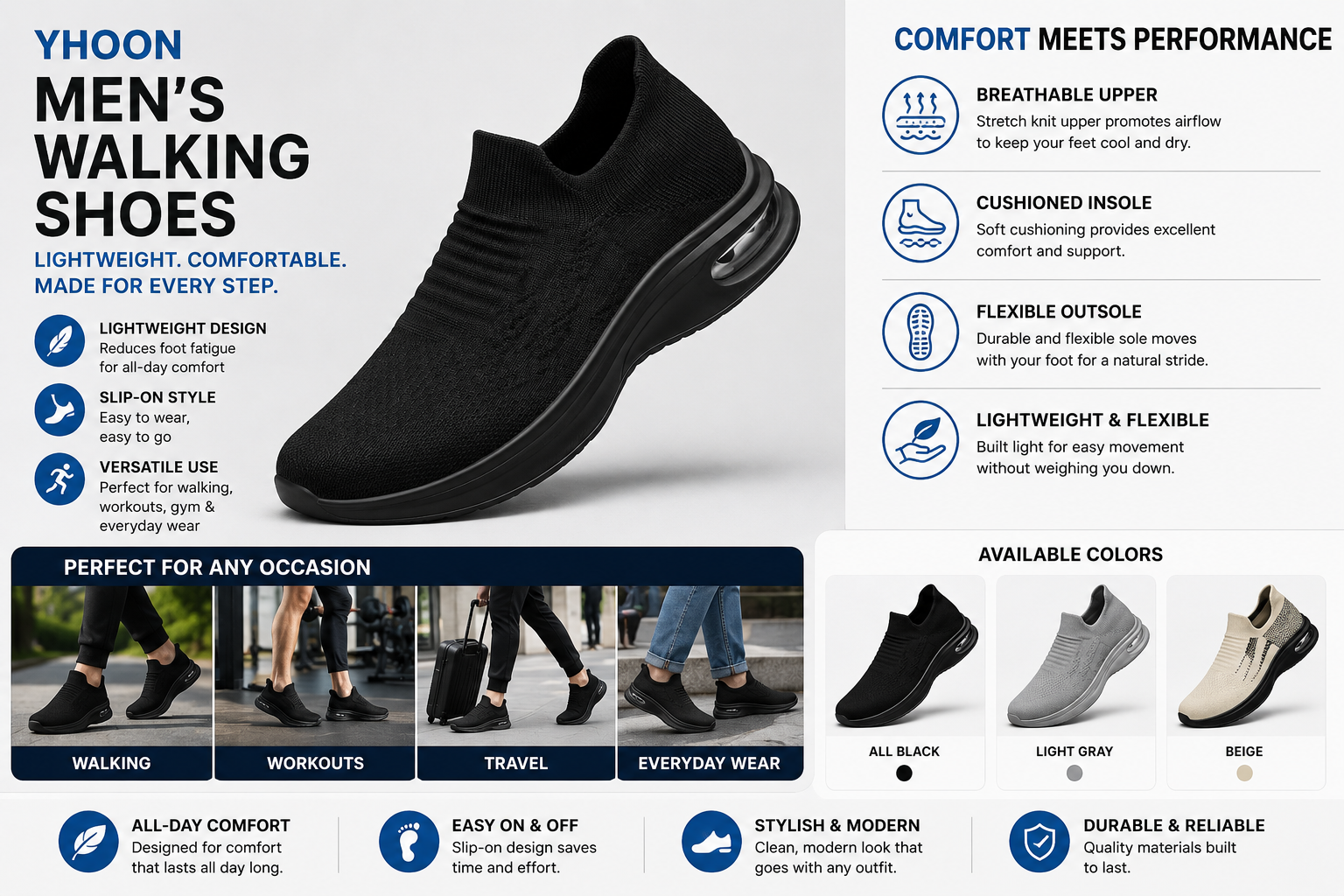 YHOON Men's Lightweight Slip-On Walking Shoes