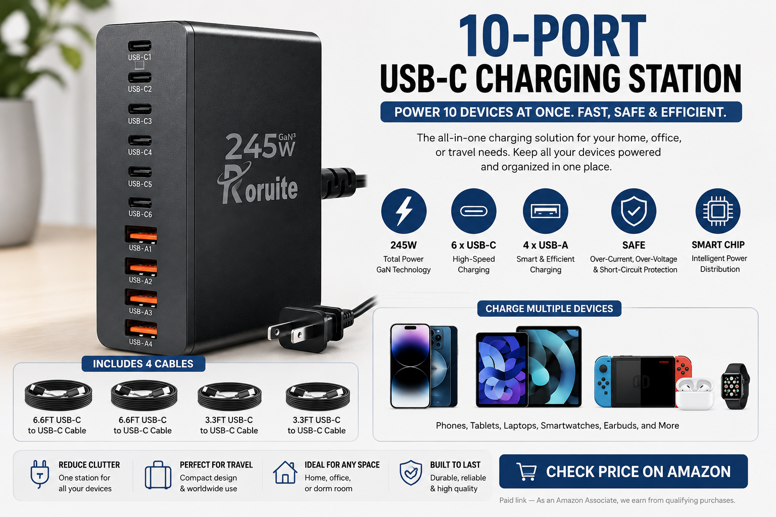 10-Port USB-C Charging Station with 4 Cables
